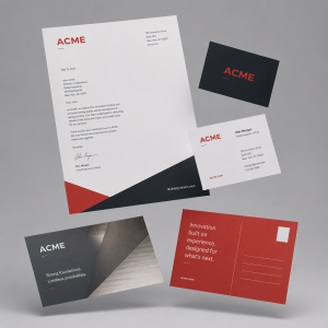 Branded print collateral suite including letterhead, business cards, and postcard mailer
