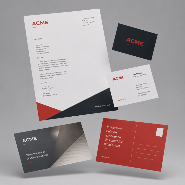 Branded print collateral suite including letterhead, business cards, and postcard mailer